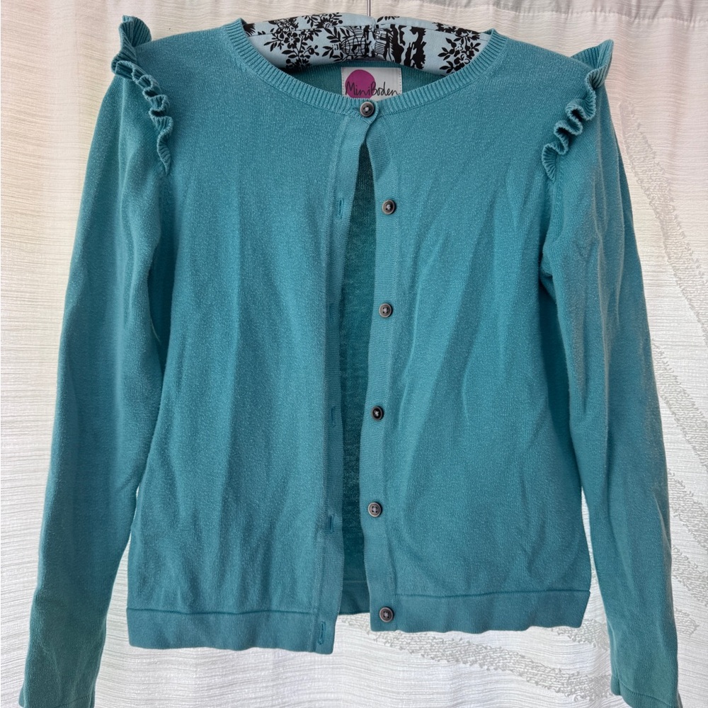 Mini Boden Blue Girls Ruffle Cardigan Sweater size 9/10 girls